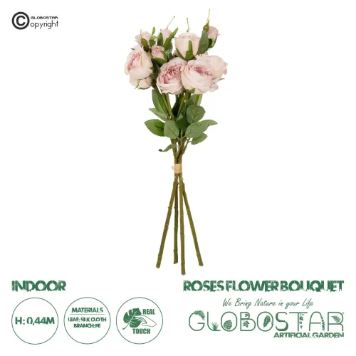GloboStar® Artificial Garden DUSTY PINK ROSE BOUQUET 21084 Τεχνητό Διακοσμητικό Μπουκέτο Τριαντάφυλλα Ανοιχτό Ροζ Y44cm