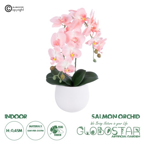 GloboStar® Artificial Garden SALMON ORCHID 21118 Διακοσμητικό Φυτό Ροζ-Πορτοκαλί Ορχιδέα Υ45cm