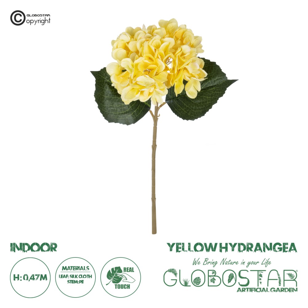 GloboStar® Artificial Garden YELLOW HYDRANGEA BRANCH 21176 Τεχνητό Διακοσμητικό Κλαδί Ορτανσίας Κίτρινης  Y47cm