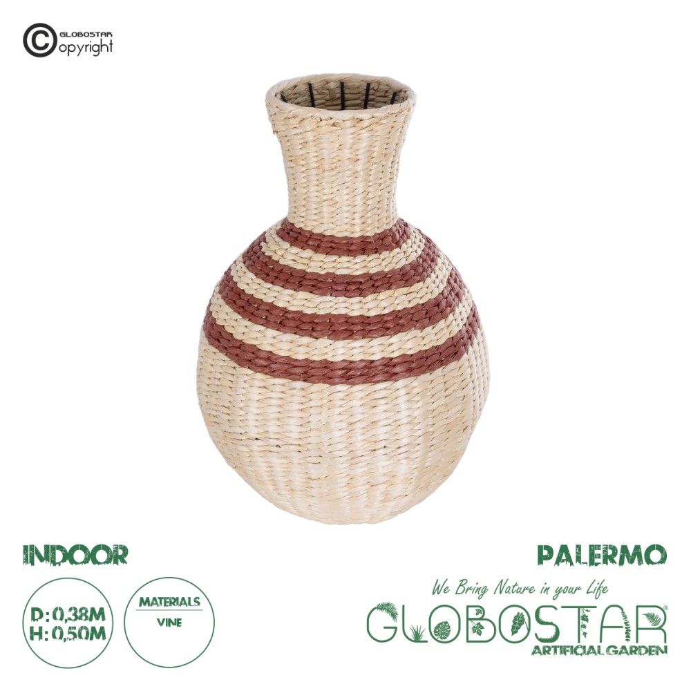 GLOBOSTAR® Artificial Garden PALERMO 21231 Διακοσμητικό Πλεκτό Βάζο - Καλάθι - Μπεζ & Μπορντώ - Π38 x M38 x Υ50cm