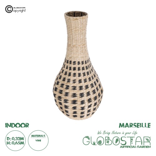 GLOBOSTAR® Artificial Garden MARSELLE 21232 Διακοσμητικό Πλεκτό Βάζο - Καλάθι - Μπεζ & Μαύρο - Π32 x M32 x Υ65cm