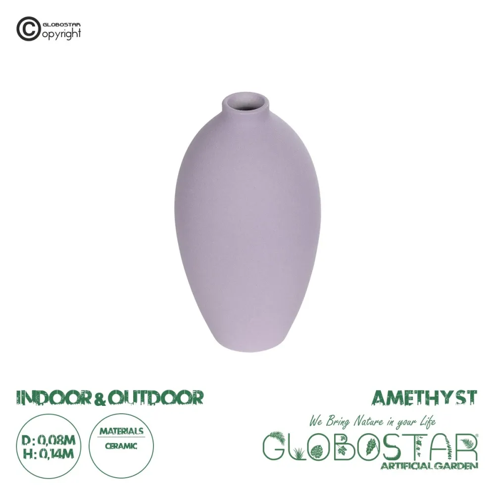 GloboStar® Artificial Garden AMETHYST 21267 Διακοσμητικό Κεραμικό Βάζo Μωβ Π8 x Μ8 x Υ14cm