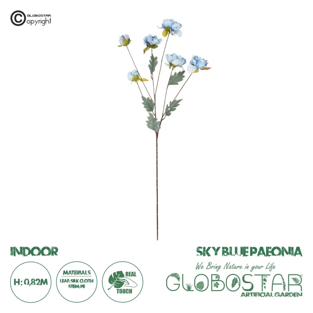 GloboStar® Artificial Garden SKY BLUE PAEONIA BRANCH 21306 Τεχνητό Διακοσμητικό Κλαδί Παιώνιας Μπλέ Y82cm