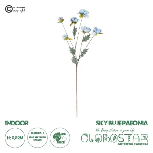 GloboStar® Artificial Garden SKY BLUE PAEONIA BRANCH 21306 Τεχνητό Διακοσμητικό Κλαδί Παιώνιας Μπλέ Y82cm