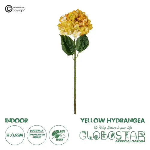 GloboStar® Artificial Garden YELLOW HYDRANGEA BRANCH 21317 Τεχνητό Διακοσμητικό Κλαδί Κίτρινη Ορτανσία Y65cm