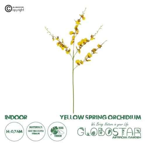 GloboStar® Artificial Garden YELLOW SPRING ORCHIDIUM BRANCH 21415 Τεχνητό Διακοσμητικό Κλαδί Κίτρινη Ορχιδέα Y76cm