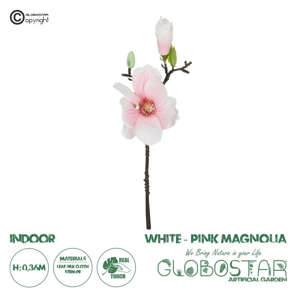 GloboStar® Artificial Garden WHITE PINK MAGNOLIA BRANCH 21417 Τεχνητό Διακοσμητικό Κλαδί Λευκή Ροζ Μανόλια Y36cm