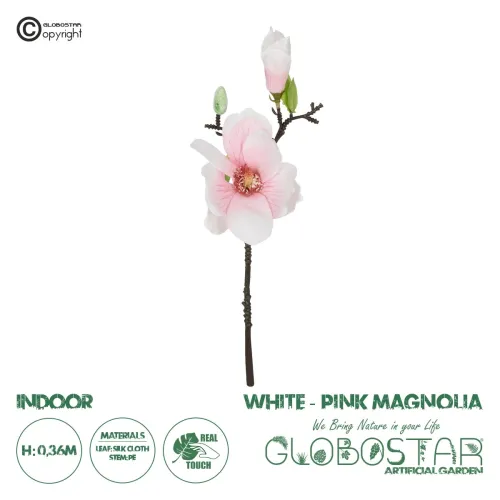GloboStar® Artificial Garden WHITE PINK MAGNOLIA BRANCH 21417 Τεχνητό Διακοσμητικό Κλαδί Λευκή Ροζ Μανόλια Y36cm