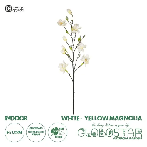 GloboStar® Artificial Garden WHITE YELLOW MAGNOLIA BRANCH 21419 Τεχνητό Διακοσμητικό Κλαδί Λευκή Κίτρινη Μανόλια Y108cm