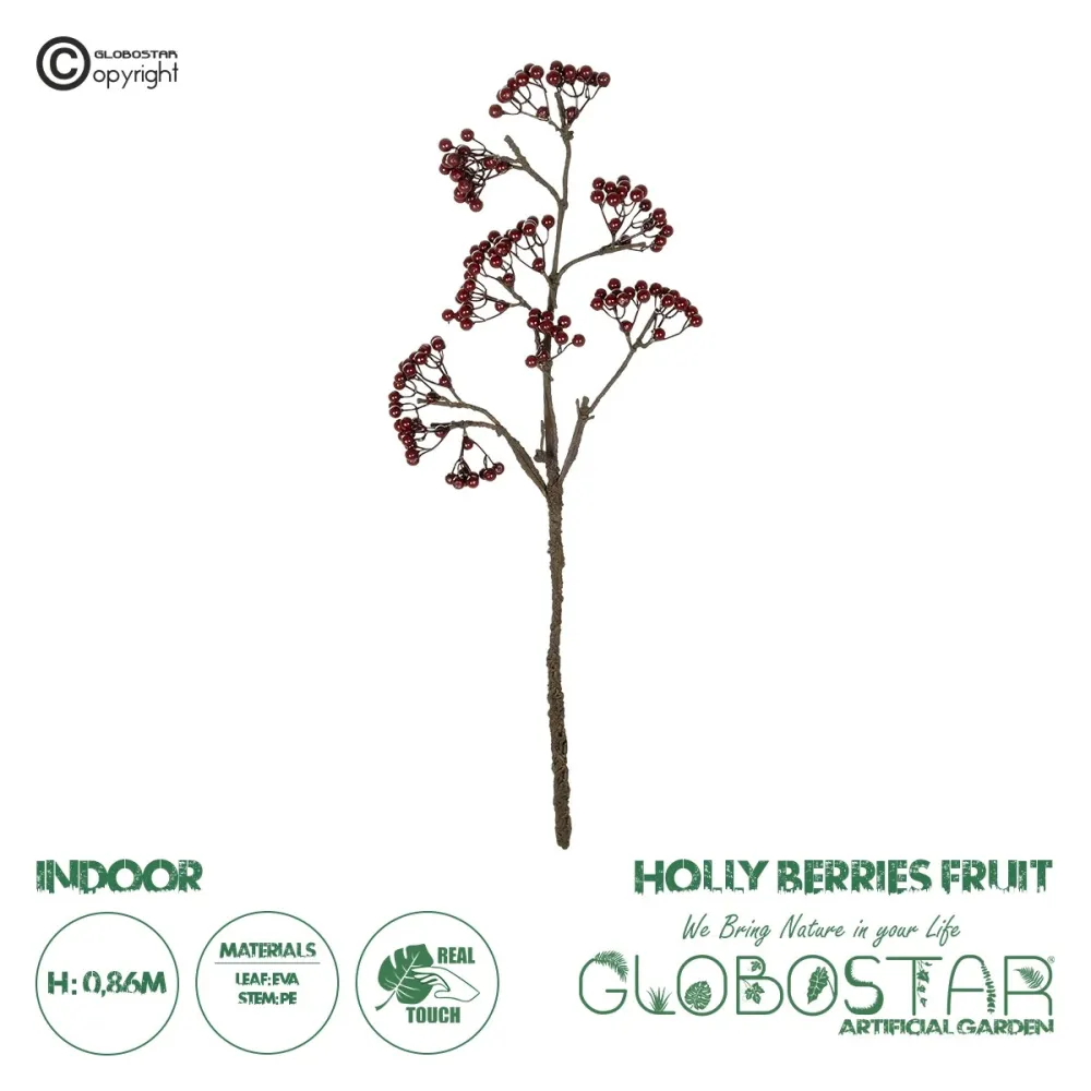 GloboStar® Artificial Garden RED HOLLY BERRIES FRUIT BRANCH 21427 Τεχνητό Διακοσμητικό Κλαδί Κόκκινο Γκί Y86cm