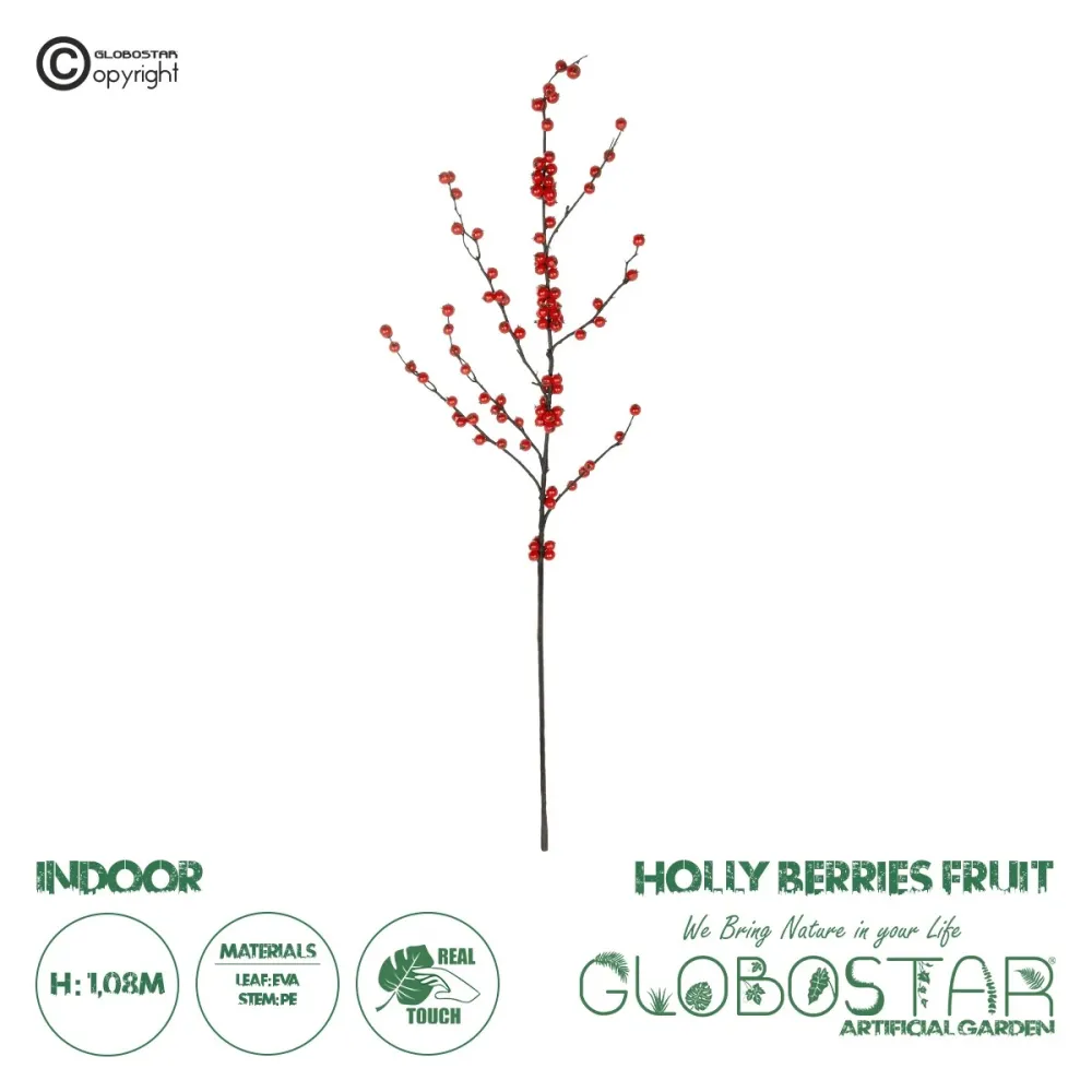 GloboStar® Artificial Garden RED HOLLY BERRIES FRUIT BRANCH 21429 Τεχνητό Διακοσμητικό Κλαδί Κόκκινο Γκί Y108cm