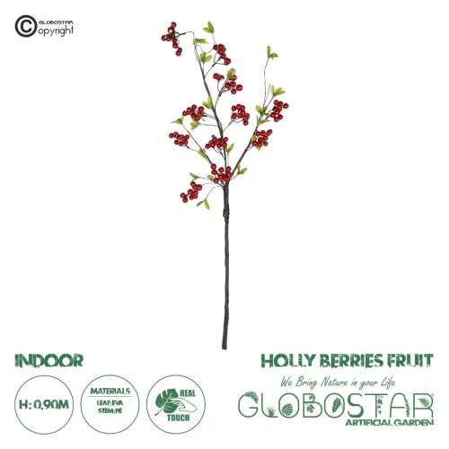 GloboStar® Artificial Garden RED HOLLY BERRIES FRUIT BRANCH 21430 Τεχνητό Διακοσμητικό Κλαδί Κόκκινο Γκί Y90cm