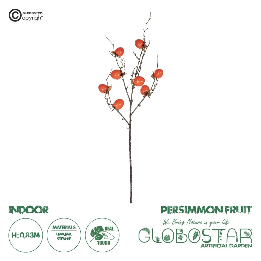GloboStar® Artificial Garden ORANGE PERSIMMON FRUIT BRANCH 21438 Τεχνητό Διακοσμητικό Πορτοκαλί Κλαδί Λωτός Y83cm