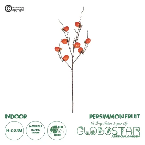 GloboStar® Artificial Garden ORANGE PERSIMMON FRUIT BRANCH 21438 Τεχνητό Διακοσμητικό Πορτοκαλί Κλαδί Λωτός Y83cm