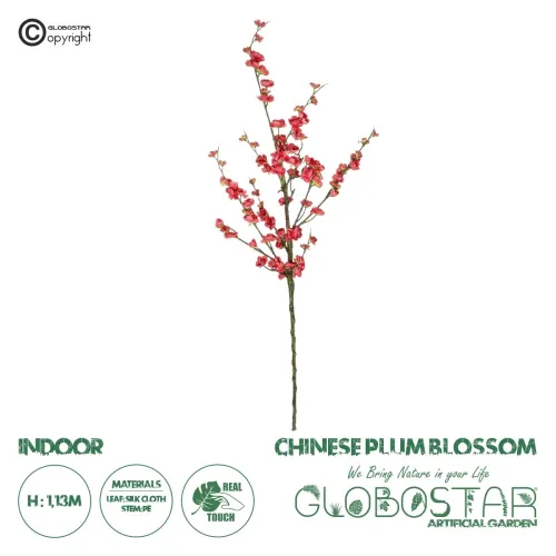GloboStar® Artificial Garden CHINESE RED PLUM BLOSSOM BRANCH 21459 Τεχνητό Διακοσμητικό Κλαδί Κόκκινης Κερασίας Y113cm