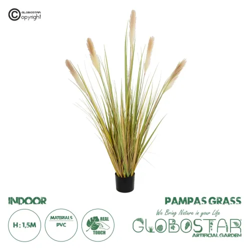 GloboStar® Artificial Garden PAMPAS GRASS 21478 Τεχνητό Διακοσμητικό Φυτό Μπεζ & Πράσινο Πάμπας Μ90 x Π40 x Υ150cm