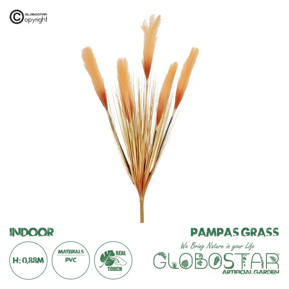GloboStar® Artificial Garden ORANGE PAMPAS GRASS BRANCH 21486 Τεχνητό Διακοσμητικό Κλαδί Πορτοκαλί Πάμπας Y88cm