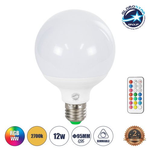 GLOBOSTAR® RGBOO 76071 Λάμπα E27 G95 με IR Ασύρματο Χειριστήριο LED 12W 780lm 260° AC 220-240V IP20 Πολύχρωμο RGB+WW Dimmable - Sanan SMD Chip - Μ9.5 x Π9.5 x Υ14cm - 2 Χρόνια Εγγύηση
