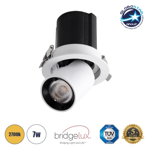GLOBOSTAR® VIRGO-S 60303 Χωνευτό Κινούμενο Downlight Σποτ LED 7W 875lm 36° AC 220-240V IP20 Θερμό Λευκό 2700K - Bridgelux COB Chip & TÜV SÜD Driver - Λευκό & Μαύρο Ματ - Μ9 x Π9 x Υ9cm / Q7.8cm - 5 Χρόνια Εγγύηση