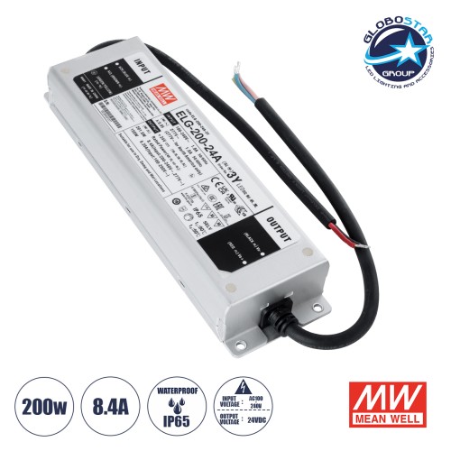 GLOBOSTAR® MEANWELL-ELG200-24A 90789 Τροφοδοτικό/Μετασχηματιστής Class I SELV 200W 8.4A AC 220-240V σε DC 24V Αδιάβροχο IP65 - Ρυθμιζόμενo από DC 22.4V έως DC 25.6V - Ασημί - Μ24.4 x Π7.1 x Υ3.8cm - 3 Χρόνια Εγγύηση