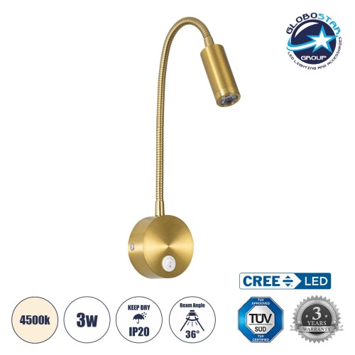 GLOBOSTAR® GOOSE 60880 Μοντέρνο Φωτιστικό Τοίχου - Απλίκα Ξενοδοχείου Reading Light LED 3W 300lm 36° AC 220-240V IP20 Φυσικό Λευκό 4500K - CREE XPE Chip & TÜV SÜD Driver - Σατινέ Χρυσό Βούρτσας - Μ6.5 x Π15 x Υ24.5cm - 3 Χρόνια Εγγύηση