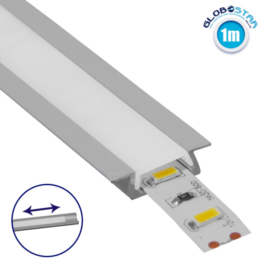 GLOBOSTAR® ALP-LINEAR RECCA 70803-1M Χωνευτό Προφίλ Αλουμινίου με Λευκό Γαλακτερό Συρόμενο Κάλυμμα για Ταινίες LED IP20 - Ασημί & Λευκό - Μ100 x Π2.2 x Υ0.6cm