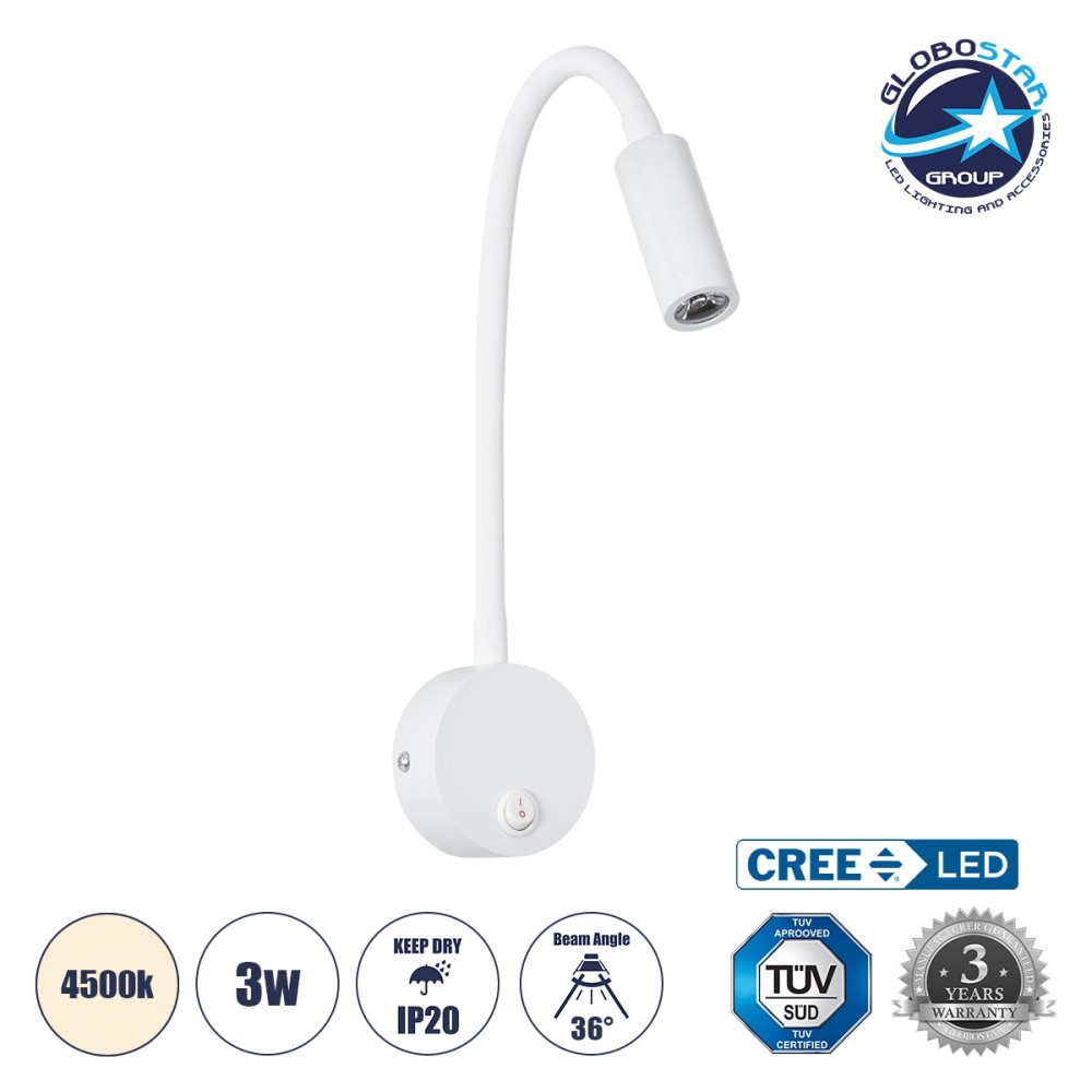 GLOBOSTAR® GOOSE 60876 Μοντέρνο Φωτιστικό Τοίχου - Απλίκα Ξενοδοχείου Reading Light LED 3W 300lm 36° AC 220-240V IP20 Φυσικό Λευκό 4500K - CREE XPE Chip & TÜV SÜD Driver - Λευκό Ματ - Μ6.5 x Π15 x Υ24.5cm - 3 Χρόνια Εγγύηση