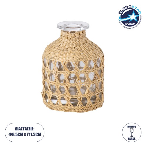 GloboStar® MANDY 35629 Διακοσμητικό Βάζο Γυάλινο Διάφανο με Μπαμπού Φ8.5 x Υ11.5cm