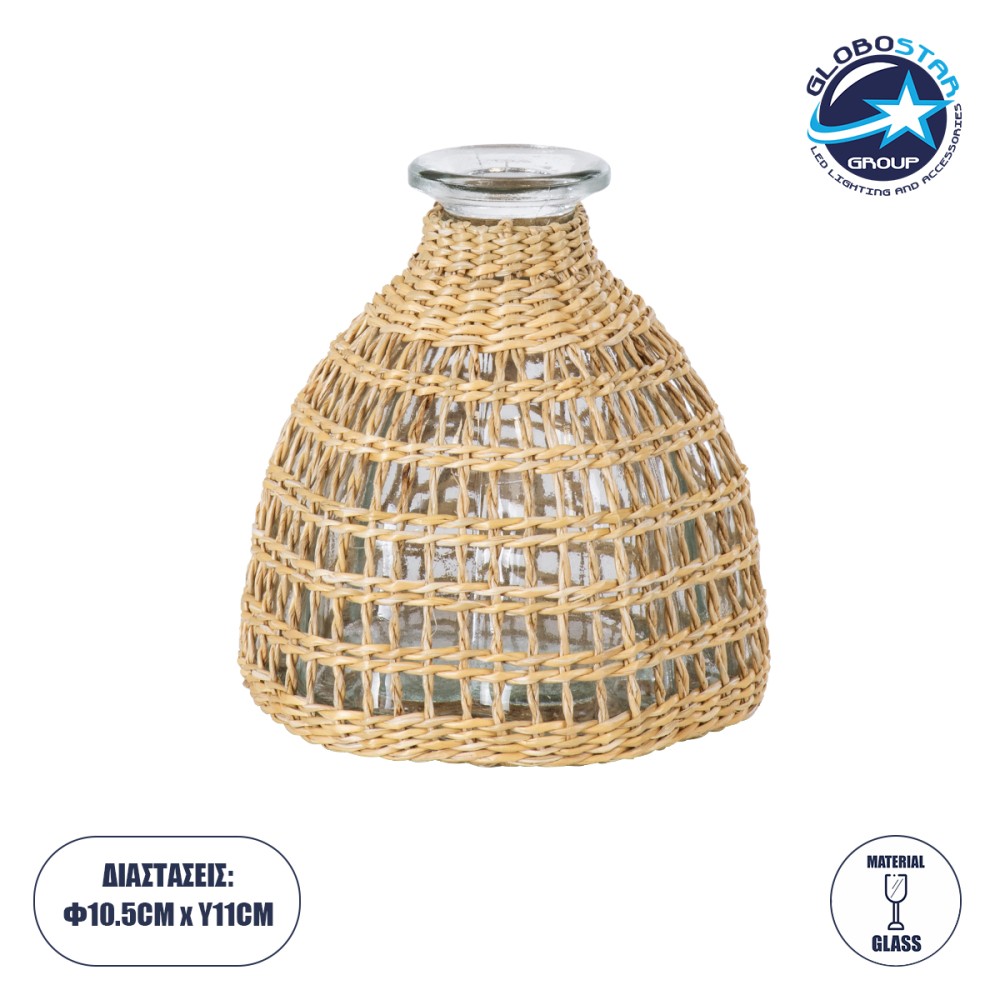 GloboStar® MANDY 35632 Διακοσμητικό Βάζο Γυάλινο Διάφανο με Μπαμπού Φ10.5 x Υ11cm