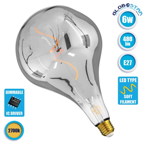 GLOBOSTAR® ROCK 99176 Λάμπα E27 R170 LED 6W 480lm 360° AC 220-240V IP20 Θερμό Λευκό 2700K Dimmable - Soft S Spiral Filament Chip - Μαύρο Φιμέ - Μ16.7 x Π16.7 x Υ29cm - 3 Χρόνια Εγγύηση