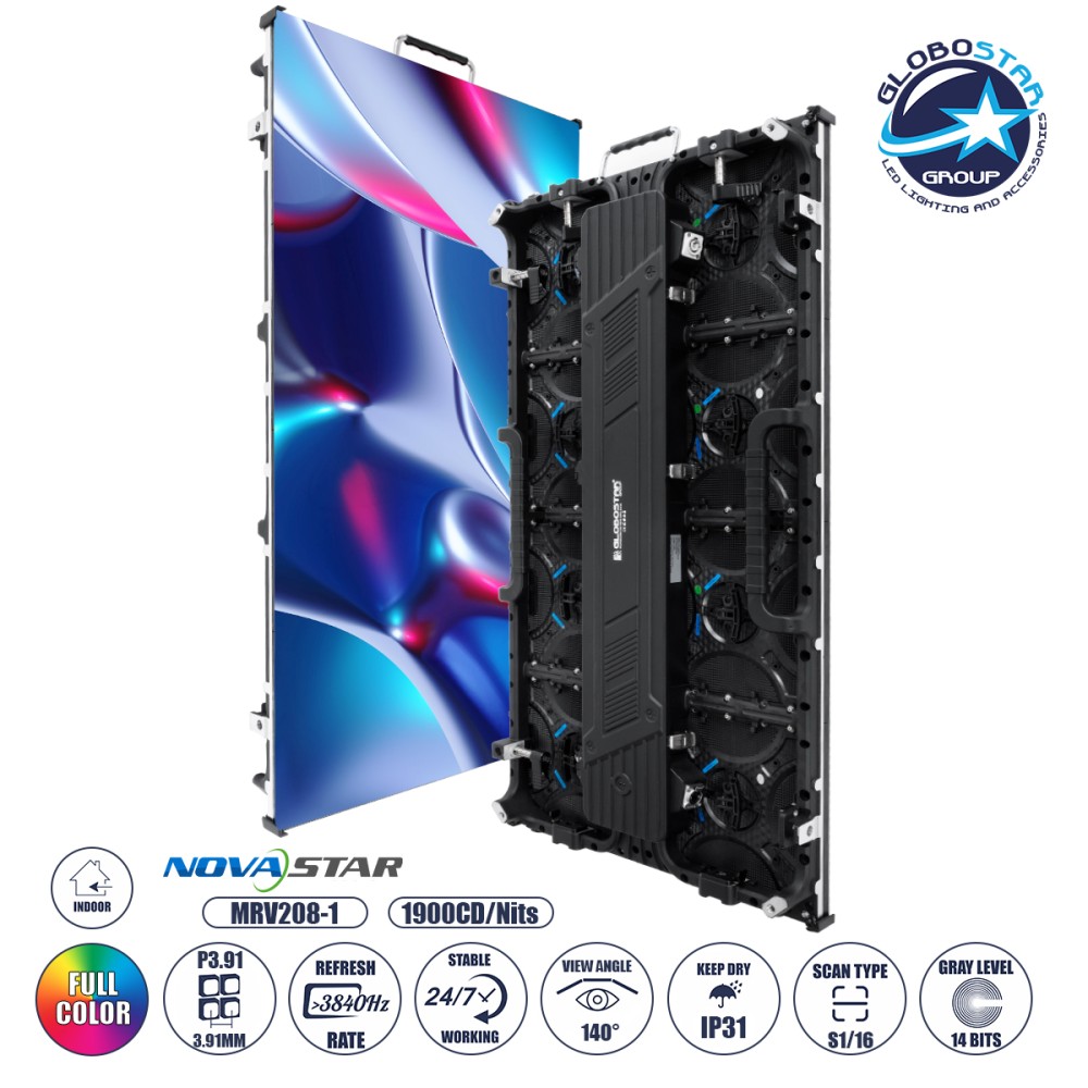 GLOBOSTAR® NEOWALL 41001 Οθόνη Video Wall P3.91 Καμπίνα 50x100cm LED 360W 3840Hz 32768 Dots ≥1900cd/㎡ Nits AC 220-240V Εσωτερικού Χώρου IP31 Full Color S1/16 14Bits - Κάρτα NovaStar MRV208-1 - Προστατευτικά Γωνιών - Kinglight SMD2121 & CZCL Driver - Μ