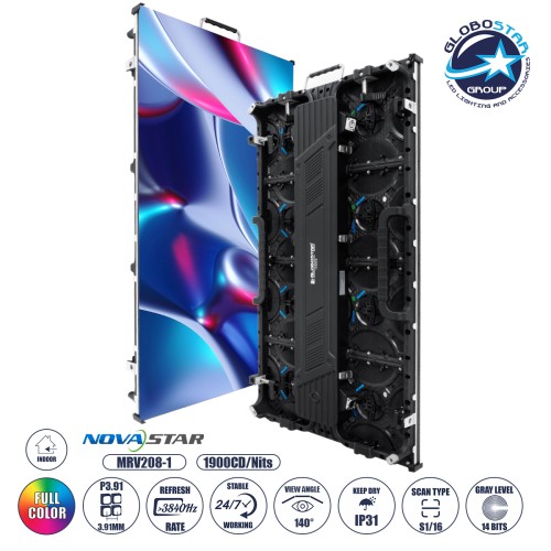 GLOBOSTAR® NEOWALL 41001 Οθόνη Video Wall P3.91 Καμπίνα 50x100cm LED 360W 3840Hz 32768 Dots ≥1900cd/㎡ Nits AC 220-240V Εσωτερικού Χώρου IP31 Full Color S1/16 14Bits - Κάρτα NovaStar MRV208-1 - Προστατευτικά Γωνιών - Kinglight SMD2121 & CZCL Driver - Μ
