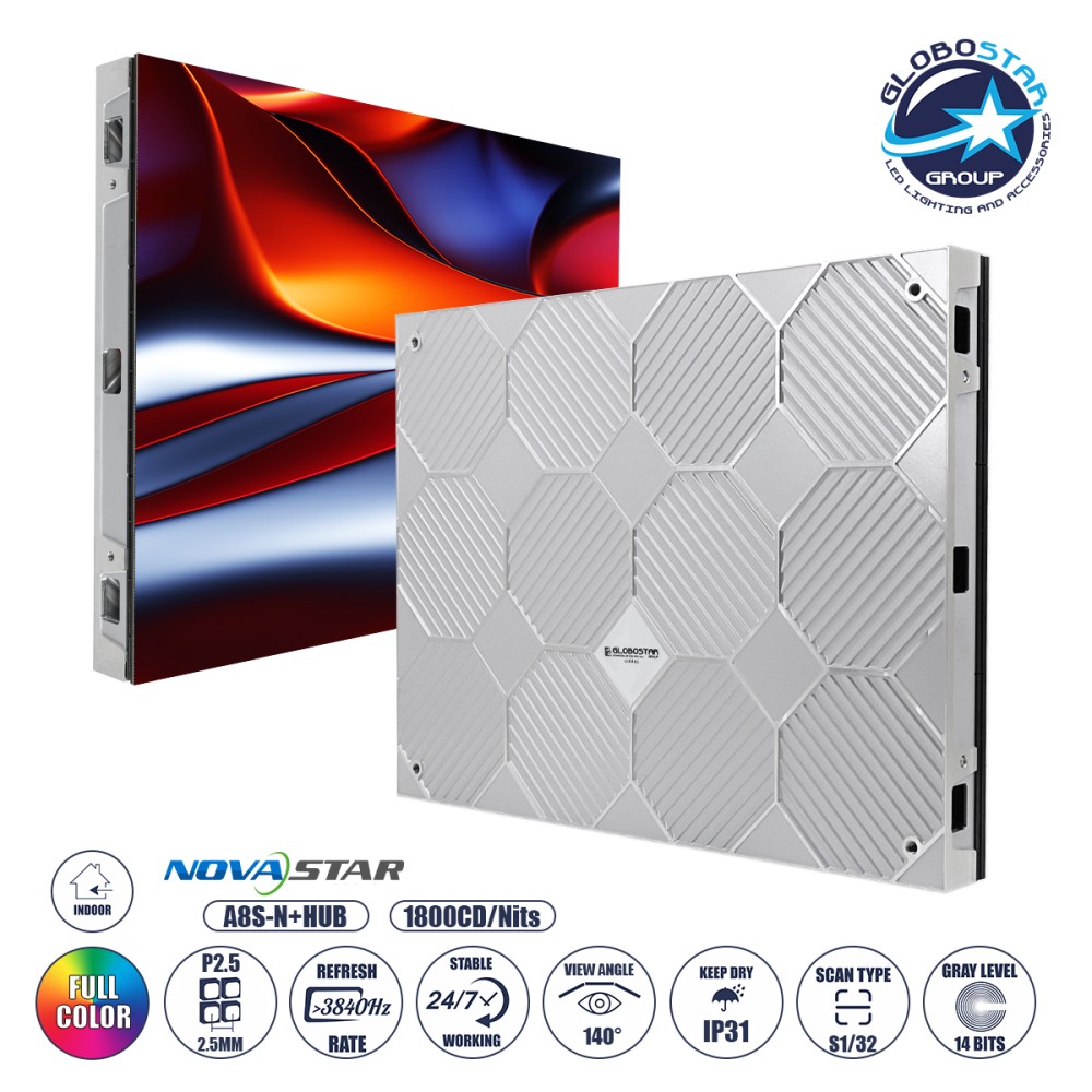 GLOBOSTAR® LUXCORE 41004 Οθόνη Video Wall P2.5 Καμπίνα 64x48cm LED 140W 3840Hz 49152 Dots ≥1800cd/㎡ Nits AC 220-240V Εσωτερικού Χώρου IP31 Full Color S1/32 14Bits - Κάρτα NovaStar A8S-N+HUB - Front Magnetic Service - Kinglight SMD2121 & CZCL Driver - 