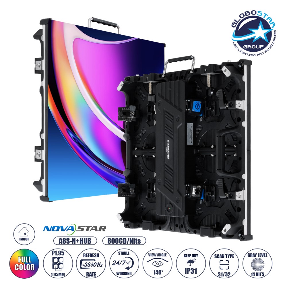 GLOBOSTAR® CRYSTALPIX 41039 Κυρτή Οθόνη Video Wall P1.95 GOB Καμπίνα 50x50cm LED 160W 3840Hz 65536 Dots ≥800cd/㎡ Nits AC 220-240V Εσωτερικού Χώρου IP31 Full Color S1/32 14Bits - Κάρτα NovaStar A8S-N+HUB - Curved -10/+15 Angle - Προστατευτικά Γωνιών - King