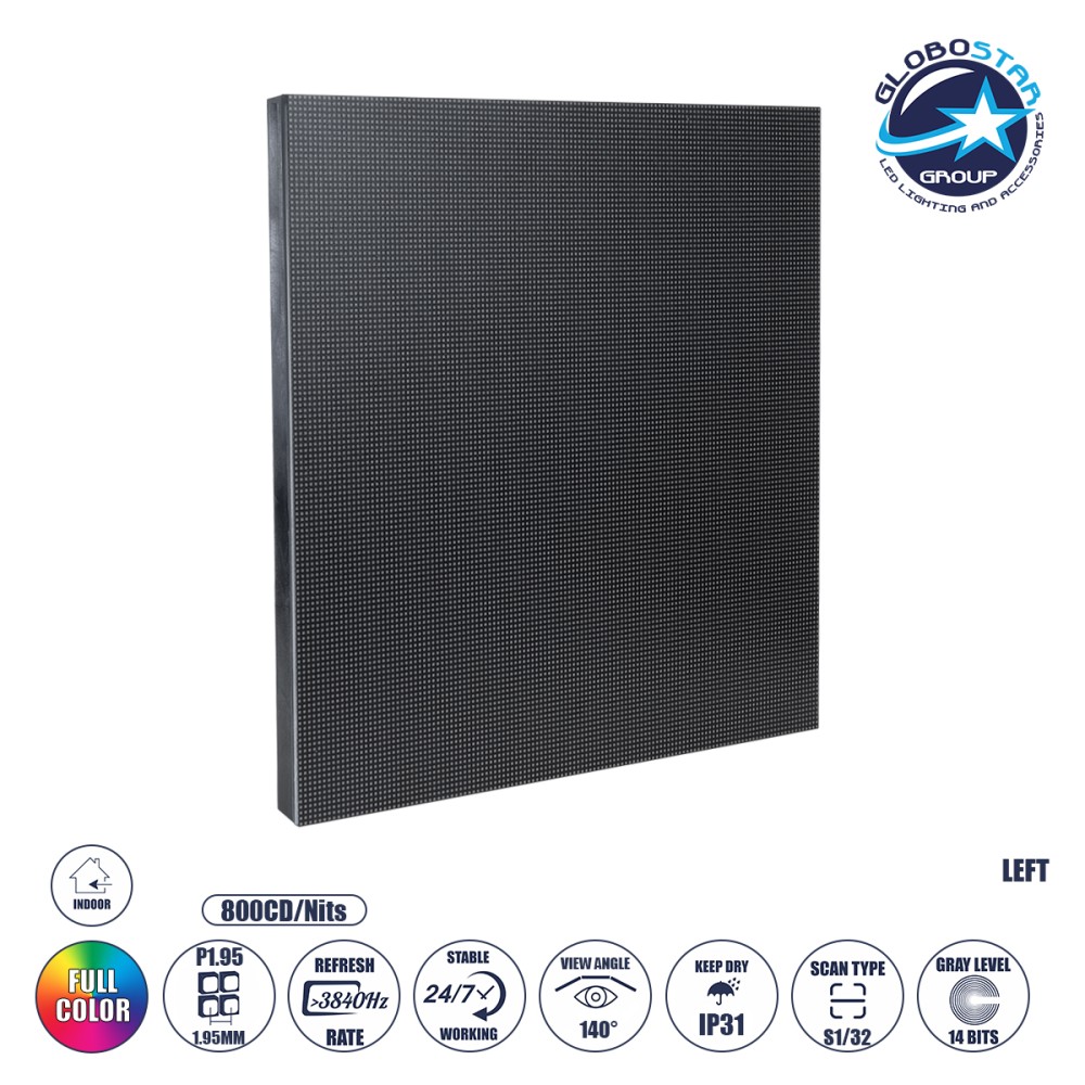 GLOBOSTAR® CRYSTALPIX 41040 Module για Οθόνες Video Wall 25x25cm 128x128px P1.95 GOB LED 40W 3840Hz 16384 Dots ≥800cd/㎡ Nits DC 5V Εσωτερικού Χώρου IP31 Full Color S1/32 14Bits - Kinglight SMD1515 - Αριστερό - Μ25 x Π1.2 x Υ25cm - 2 Χρόνια Εγγύηση