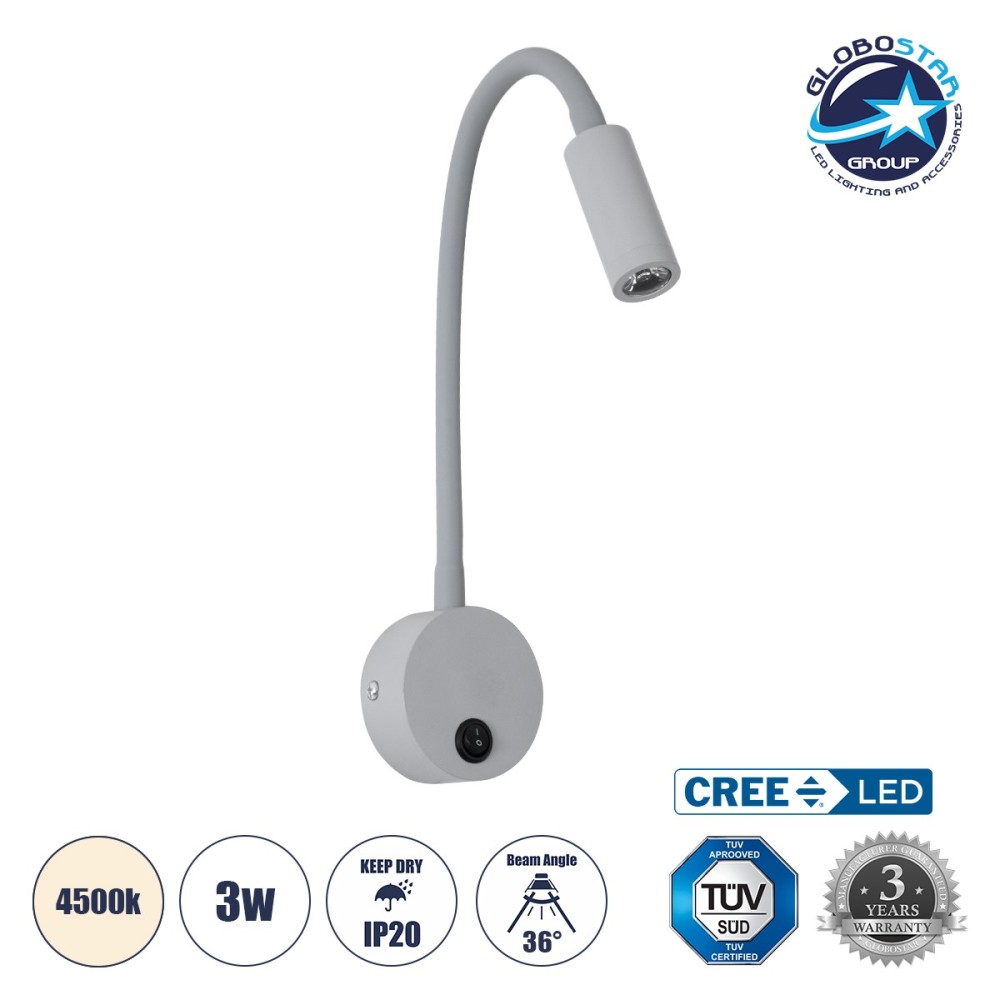 GLOBOSTAR® GOOSE 60877 Μοντέρνο Φωτιστικό Τοίχου - Απλίκα Ξενοδοχείου Reading Light LED 3W 300lm 36° AC 220-240V IP20 Φυσικό Λευκό 4500K - CREE XPE Chip & TÜV SÜD Driver - Γκρι Ανθρακί Ματ - Μ6.5 x Π15 x Υ24.5cm - 3 Χρόνια Εγγύηση