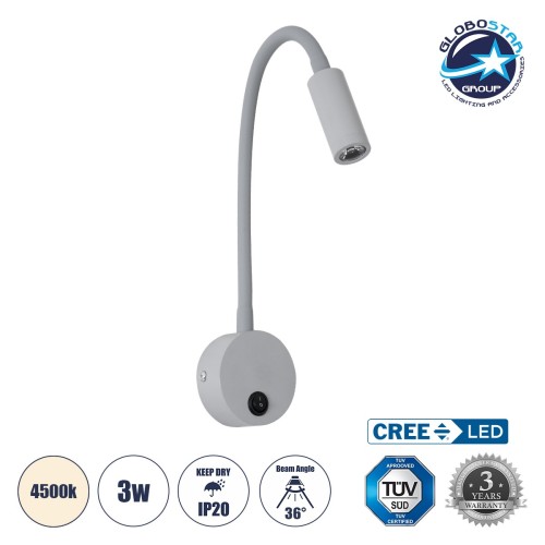 GLOBOSTAR® GOOSE 60877 Μοντέρνο Φωτιστικό Τοίχου - Απλίκα Ξενοδοχείου Reading Light LED 3W 300lm 36° AC 220-240V IP20 Φυσικό Λευκό 4500K - CREE XPE Chip & TÜV SÜD Driver - Γκρι Ανθρακί Ματ - Μ6.5 x Π15 x Υ24.5cm - 3 Χρόνια Εγγύηση