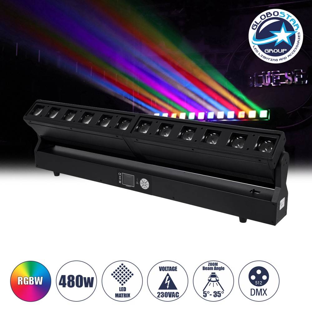 GloboStar® 51168 SPHINX Επαγγελματική Κινούμενη Μπάρα Φωτισμού DIGITAL MATRIX PIXEL LED 480W AC 220V-240V 4IN1 BEAM - WASH - SPOT - ZOOM 5° - 35° OSRAM LED DMX512 Display on Body RGBW - Μαύρο - L102 x W10 x H16.5cm