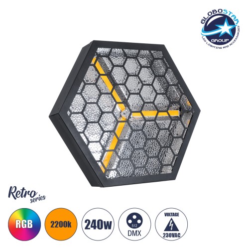 GloboStar® 51201 HALO HEXA Επαγγελματικό Φωτιστικό Ειδικών Εφέ DIGITAL MATRIX PIXEL & Blinder - 3 x 80W LED COB Chips Ultra Gold Warm White 2200K & 30 x 0.5W LED SMD5050 Chips RGB - AC 220V-240V DMX512 Display on Body - Μαύρο - Μ38 x Π38 x Υ22cm -