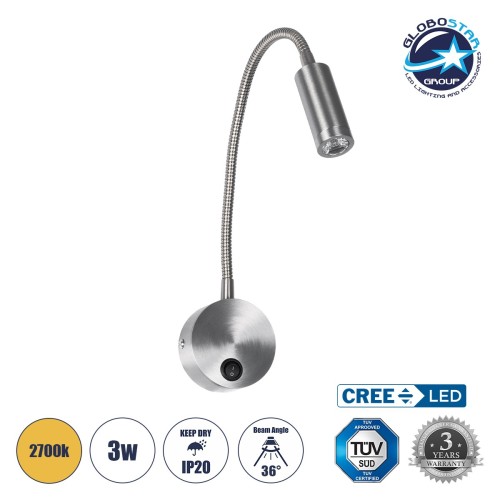 GLOBOSTAR® GOOSE 61691 Μοντέρνο Φωτιστικό Τοίχου - Απλίκα Ξενοδοχείου Reading Light LED 3W 270lm 36° AC 220-240V IP20 Θερμό Λευκό 2700K - CREE XPE Chip & TÜV SÜD Driver - Νίκελ Βούρτσας - Μ6.5 x Π15 x Υ24.5cm - 3 Χρόνια Εγγύηση