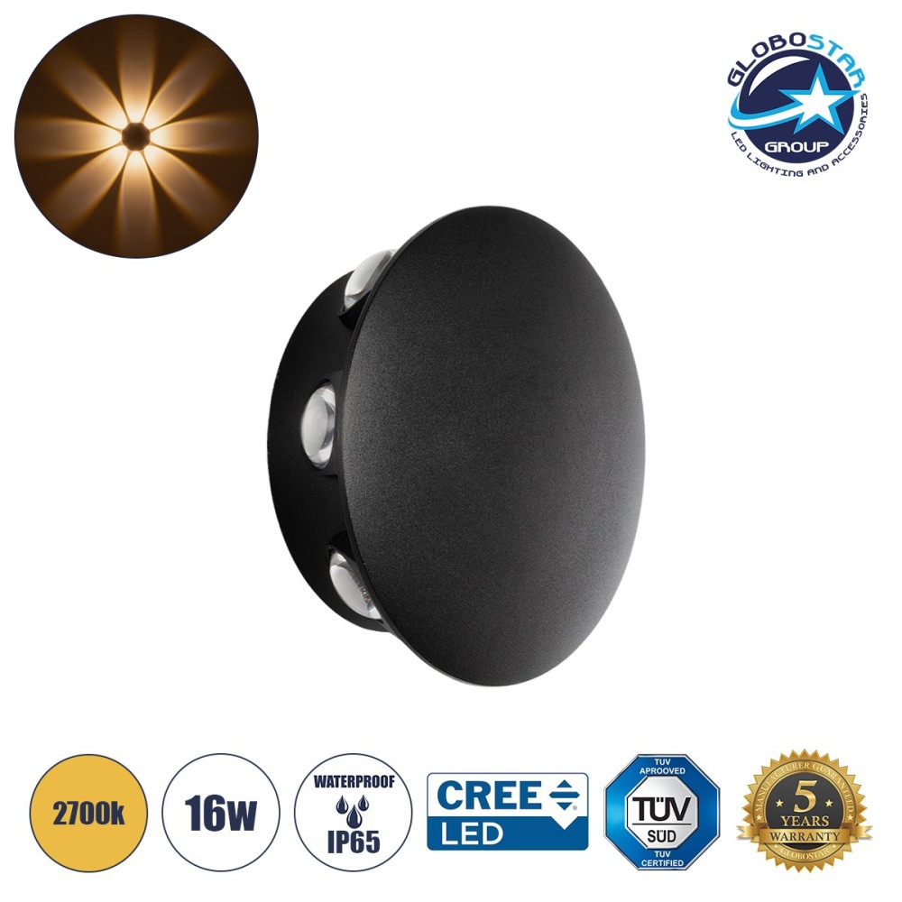 GLOBOSTAR® SOL 60796 Μοντέρνο Φωτιστικό Τοίχου - Απλίκα LED 16W 1600lm 30° AC 220-240V Αδιάβροχο IP65 Θερμό Λευκό 2700K - CREE XPE Chip & TÜV SÜD Driver - Μαύρο Ματ - Μ16 x Π5.5 x Υ16cm - 5 Χρόνια Εγγύηση