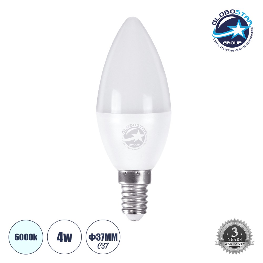 GLOBOSTAR® CANDLE 60000 Λάμπα Κεράκι E14 C37 LED 4W 400lm 260° AC 220-240V IP20 Ψυχρό Λευκό 6000K - Lumileds SMD Chip - Λευκό Γαλακτερό - Μ3.7 x Π3.7 x Υ10cm - 3 Χρόνια Εγγύηση