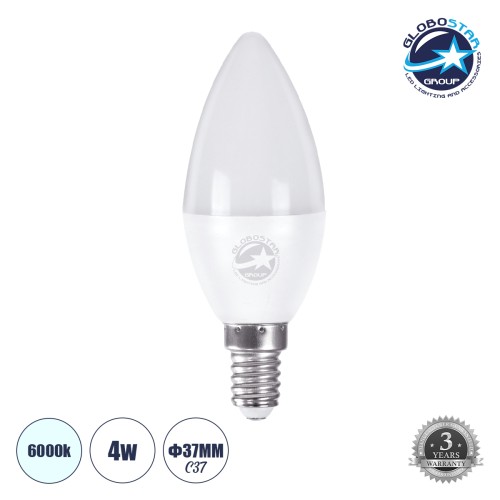GLOBOSTAR® CANDLE 60000 Λάμπα Κεράκι E14 C37 LED 4W 400lm 260° AC 220-240V IP20 Ψυχρό Λευκό 6000K - Lumileds SMD Chip - Λευκό Γαλακτερό - Μ3.7 x Π3.7 x Υ10cm - 3 Χρόνια Εγγύηση