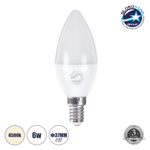 GLOBOSTAR® CANDLE 60004 Λάμπα Κεράκι E14 C37 LED 6W 582lm 260° AC 220-240V IP20 Φυσικό Λευκό 4500K - Lumileds SMD Chip - Λευκό Γαλακτερό - Μ3.7 x Π3.7 x Υ10cm - 3 Χρόνια Εγγύηση