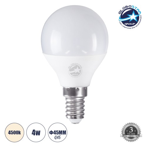 GLOBOSTAR® SPHERE 60013 Λάμπα E14 G45 LED 4W 388lm 260° AC 220-240V IP20 Φυσικό Λευκό 4500K - Lumileds SMD Chip - Λευκό Γαλακτερό - Μ4.5 x Π4.5 x Υ7.8cm - 3 Χρόνια Εγγύηση