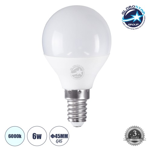 GLOBOSTAR® SPHERE 60015 Λάμπα E14 G45 LED 6W 600lm 260° AC 220-240V IP20 Ψυχρό Λευκό 6000K - Lumileds SMD Chip - Λευκό Γαλακτερό - Μ4.5 x Π4.5 x Υ7.8cm - 3 Χρόνια Εγγύηση