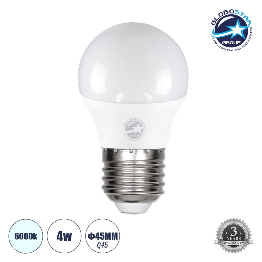 GLOBOSTAR® SPHERE 60018 Λάμπα E27 G45 LED 4W 400lm 260° AC 220-240V IP20 Ψυχρό Λευκό 6000K - Lumileds SMD Chip - Λευκό Γαλακτερό - Μ4.5 x Π4.5 x Υ7.8cm - 3 Χρόνια Εγγύηση