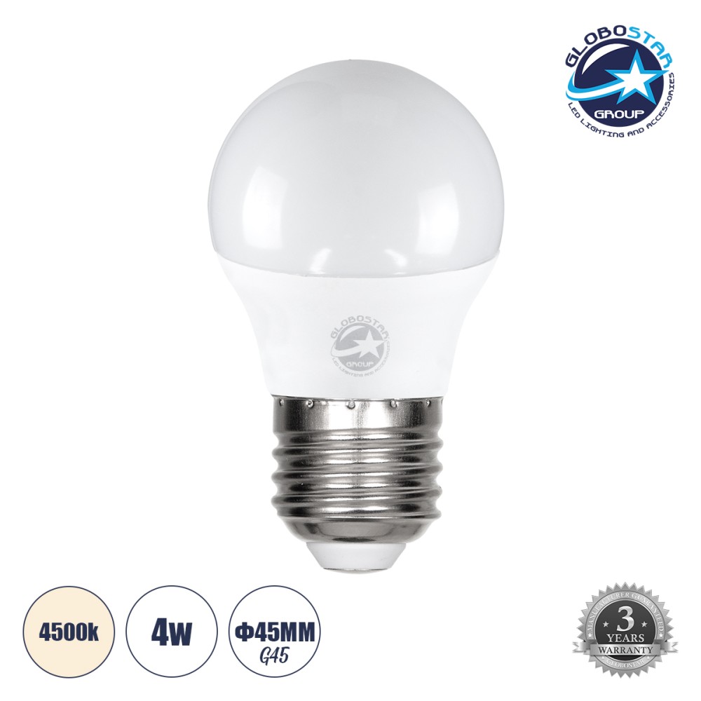 GLOBOSTAR® SPHERE 60019 Λάμπα E27 G45 LED 4W 388lm 260° AC 220-240V IP20 Φυσικό Λευκό 4500K - Lumileds SMD Chip - Λευκό Γαλακτερό - Μ4.5 x Π4.5 x Υ7.8cm - 3 Χρόνια Εγγύηση