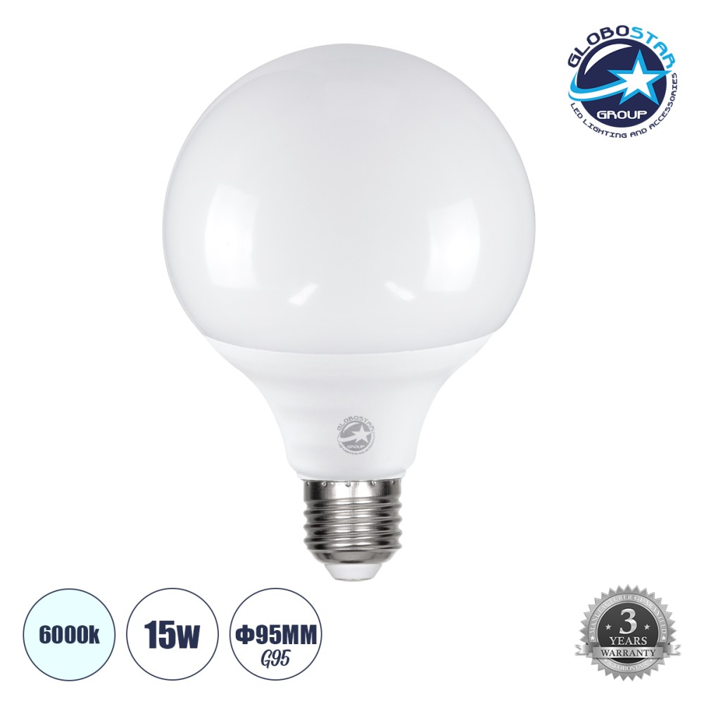 GLOBOSTAR® BUBBLE 60039 Λάμπα E27 G95 LED 15W 1500lm 260° AC 220-240V IP20 Ψυχρό Λευκό 6000K - Lumileds SMD Chip - Λευκό Γαλακτερό - Μ9.5 x Π9.5 x Υ14cm - 3 Χρόνια Εγγύηση