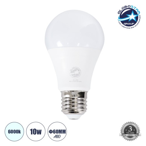 GLOBOSTAR® GLOBE 60045 Λάμπα E27 A60 LED 10W 1000lm 260° AC 220-240V IP20 Ψυχρό Λευκό 6000K Dimmable - Lumileds SMD Chip - Λευκό Γαλακτερό - Μ6 x Π6 x Υ11cm - 3 Χρόνια Εγγύηση